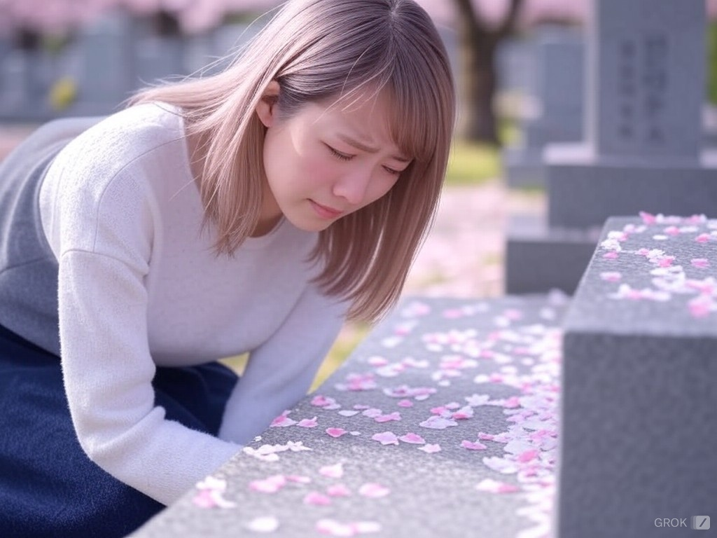 粉白的花瓣轻轻落在墓碑上，像是母亲温柔的安慰